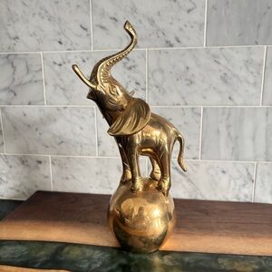 Vintage Mid Century Brass Elephant on Ball, Brass Animal Collectibles